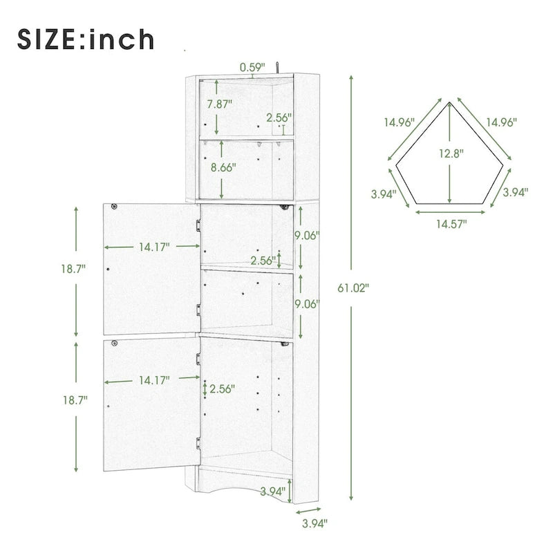 Tall Bathroom Corner Cabinet, Freestanding Storage Cabinet with Doors and Adjustable Shelves, MDF Board