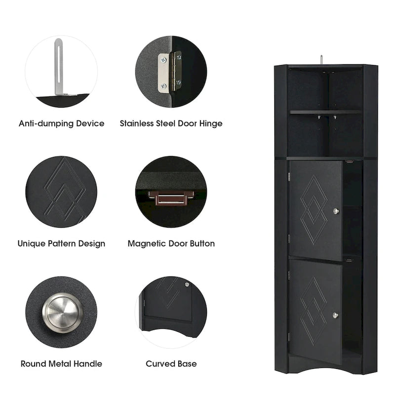 Tall Bathroom Corner Cabinet, Freestanding Storage Cabinet with Doors and Adjustable Shelves, MDF Board