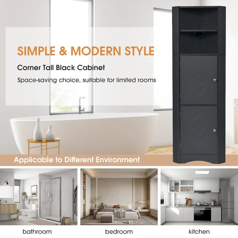 Tall Bathroom Corner Cabinet, Freestanding Storage Cabinet with Doors and Adjustable Shelves, MDF Board
