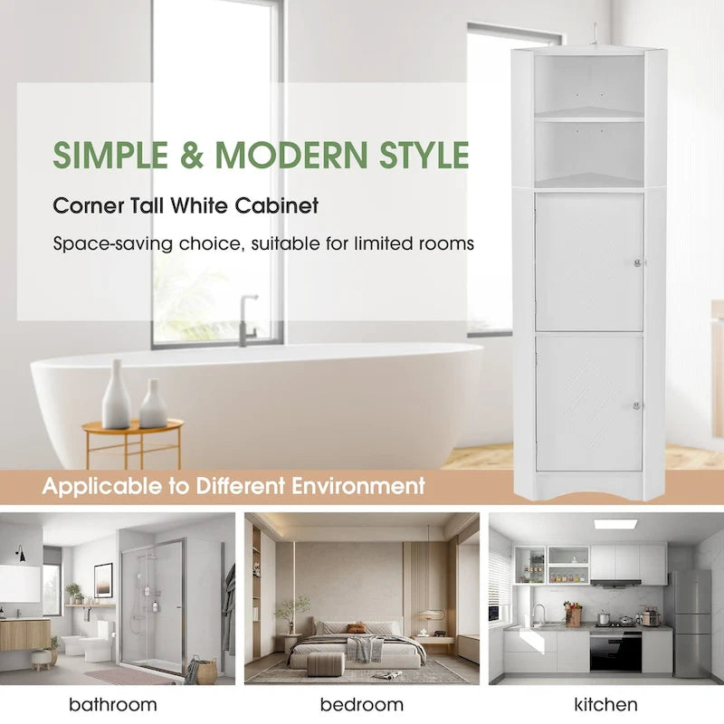 Tall Bathroom Corner Cabinet, Freestanding Storage Cabinet with Doors and Adjustable Shelves, MDF Board