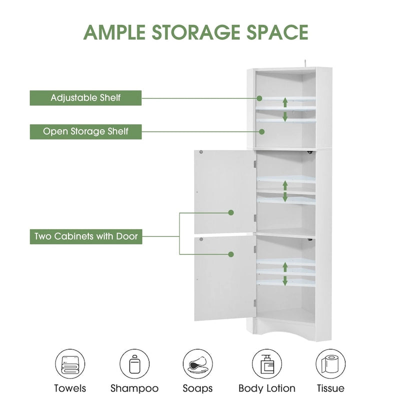 Tall Bathroom Corner Cabinet, Freestanding Storage Cabinet with Doors and Adjustable Shelves, MDF Board