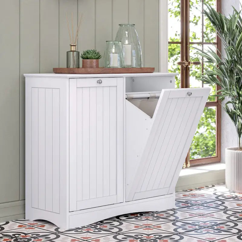 RiverRidge Ashland Double Tilt-Out Laundry Hamper Cabinet with Removable Cloth Storage Bags - White