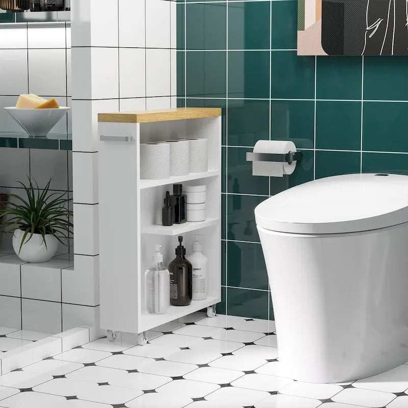 Schmaler Badezimmerschrank mit Rollen und Stauraum, Weiß