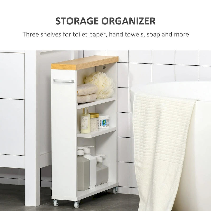 Schmaler Badezimmerschrank mit Rollen und Stauraum, Weiß